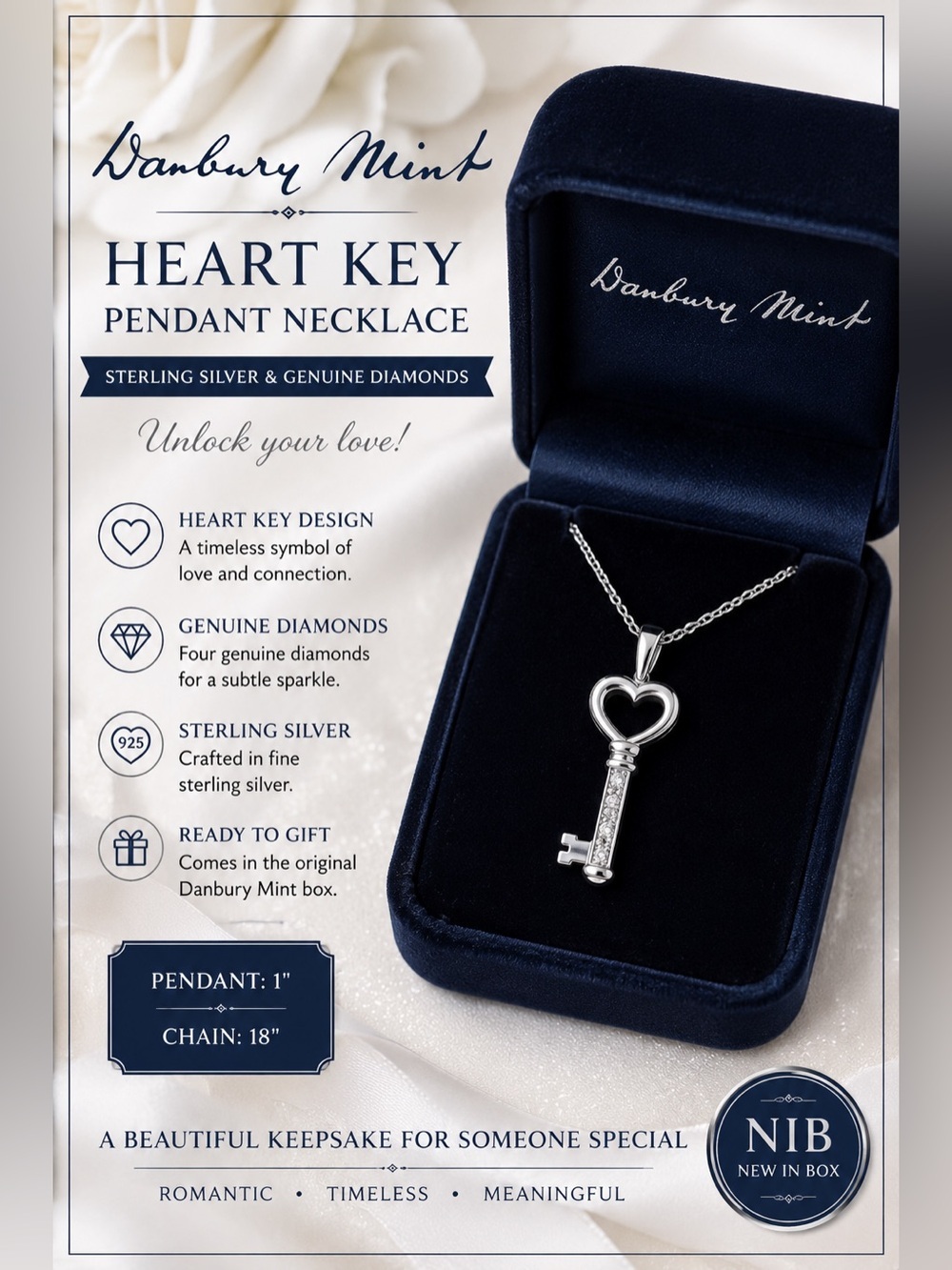 Danbury Mint Sterling Silver Diamond Heart Key Pendant Necklace NIB